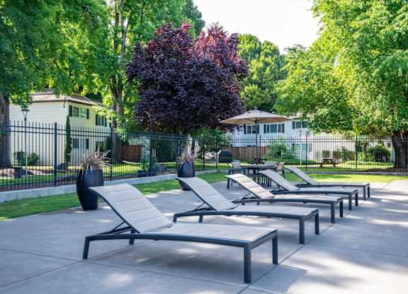 A row of sun loungers are arranged on a concrete surface.