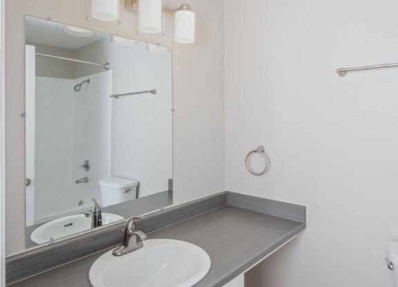 A bathroom with a sink, mirror, and toilet.