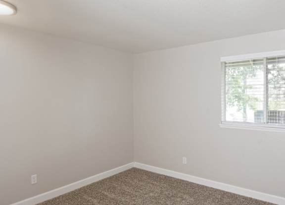 A room with a carpeted floor and a window with blinds.