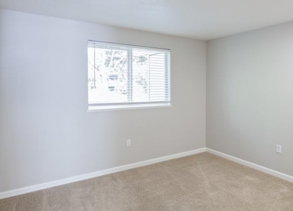 A room with a window and carpeted floor.