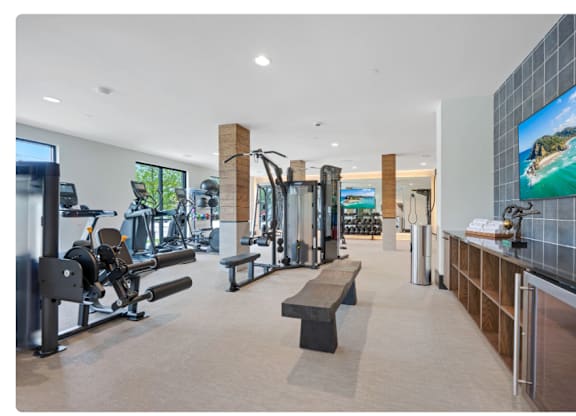 A gym with a variety of equipment including treadmills, weights, and a television.