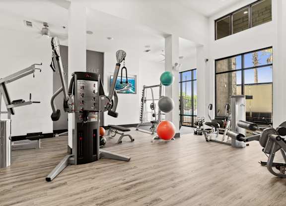 A gym with a variety of equipment including a treadmill, weights, and a bench press.