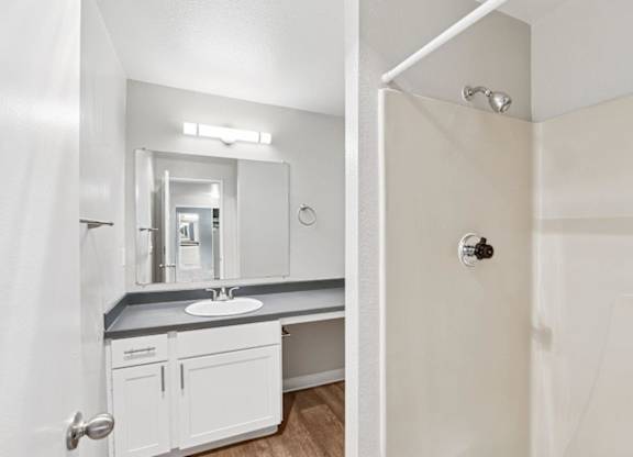 A bathroom with a sink, mirror, and shower.