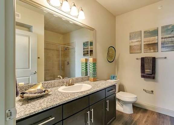 A bathroom with a sink, mirror, toilet and a shower.