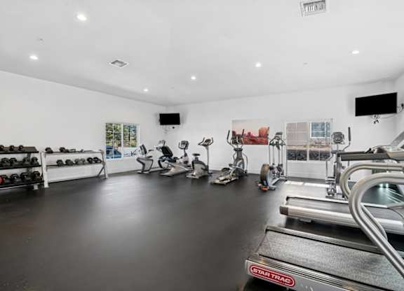 A gym with treadmills, exercise bikes, and other equipment.