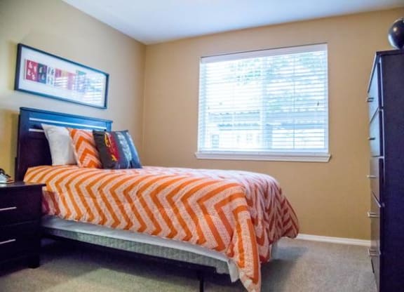 a bedroom with a bed and a dresser and a window