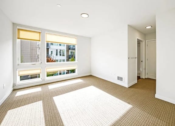 A room with a large window and a carpeted floor.