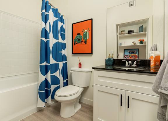 A bathroom with a white toilet and a blue and white shower curtain.