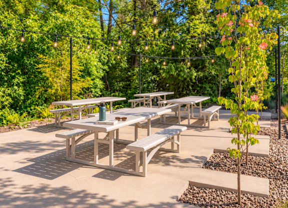 A set of outdoor tables and benches are arranged in a garden.