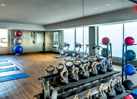A gym with a row of kettlebells on a rack.