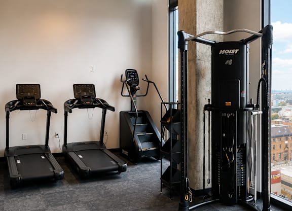 A gym with treadmills, weights and a fan.