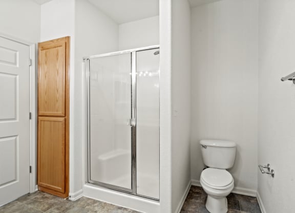 a bathroom with a toilet and a shower