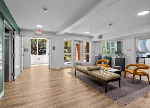 Resident community room/lounge at Collins Circle apartments in the Goose Hollow district in Portland, Oregon.