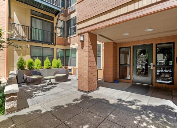 Front entrance/office door at Collins Circle apartments in the Goose Hollow district in Portland, Oregon.