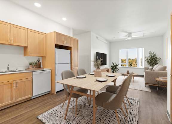 A modern kitchen with wooden cabinets and a dining table set for four.
