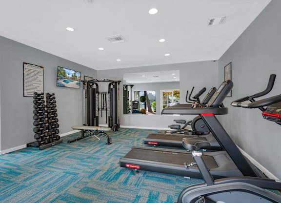A gym with treadmills, weights, and exercise equipment.