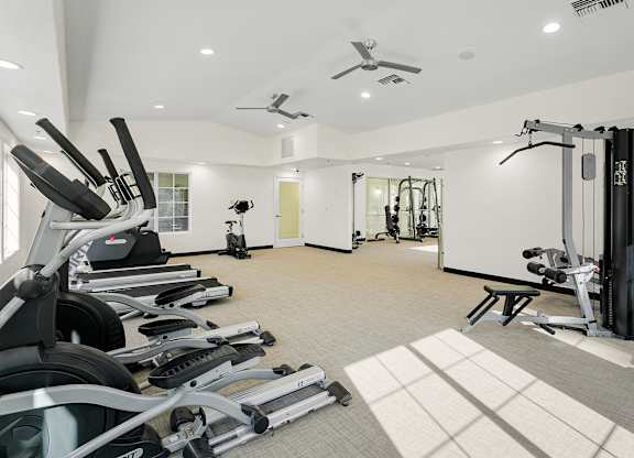 A gym with treadmills, weights, and exercise equipment.