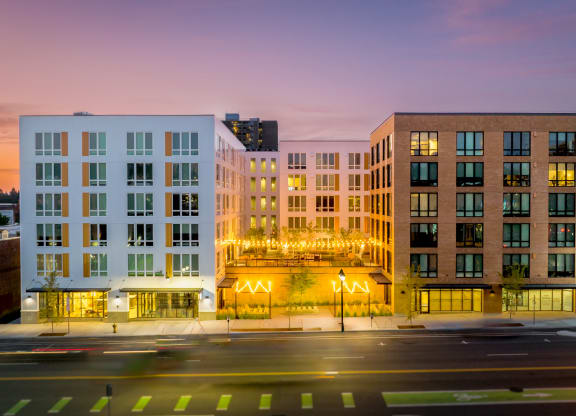 The Warren Apartments building exterior at night