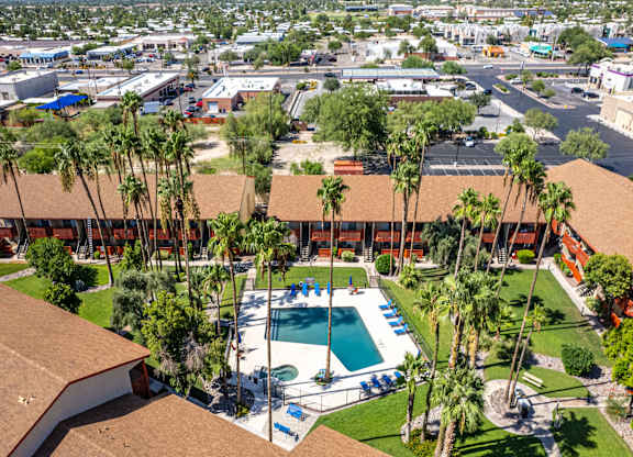 A pool surrounded by palm trees and a building.