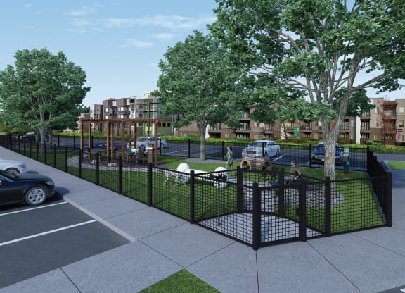 a rendering of a park with a dog park and cars parked in the parking lot