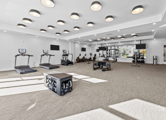 a gym with treadmills and other exercise equipment in a large room