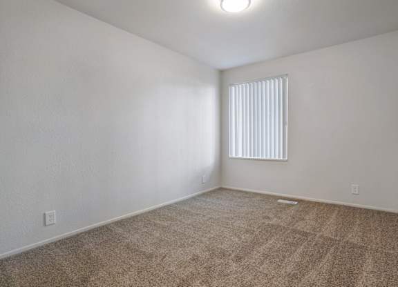 A room with a carpeted floor and a window with blinds.