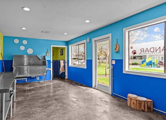 A blue and yellow kitchen with a large window.