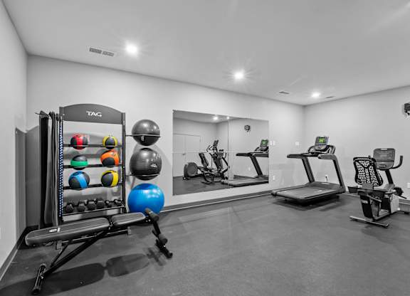 A gym with a variety of equipment including a treadmill, rowing machine, and exercise balls.