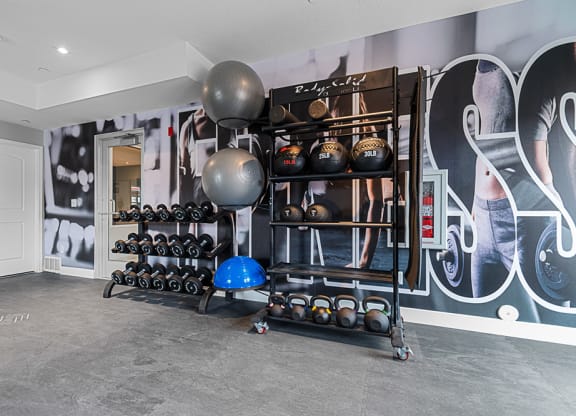 a home gym with weights and a large mural on the wall