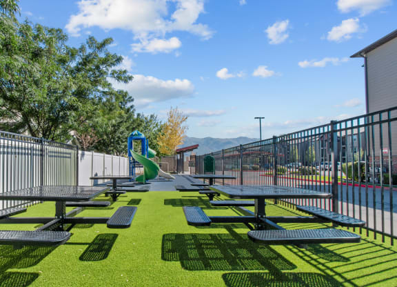 a picnic area with picnic tables and a slide on a sunny day