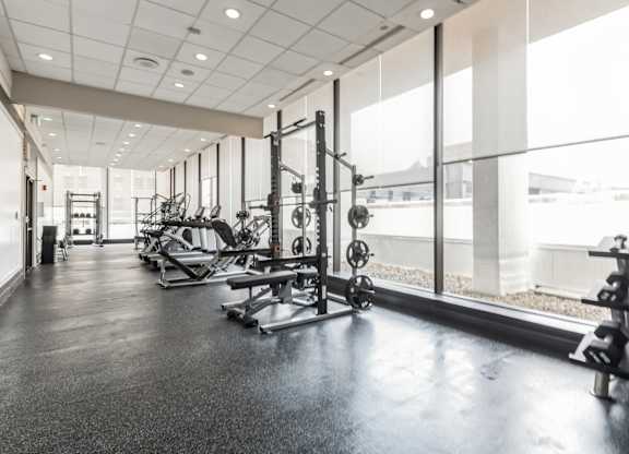 A spacious gym with a variety of equipment.