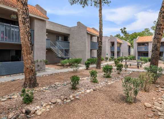A courtyard with trees and a bench in front of apartment buildings.