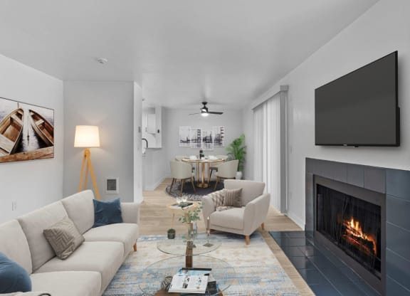 Elevate Apartments in Lynwood, Washington Model Living Room with Fireplace