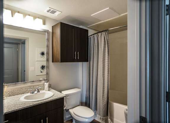 A bathroom with a sink, toilet, and shower.