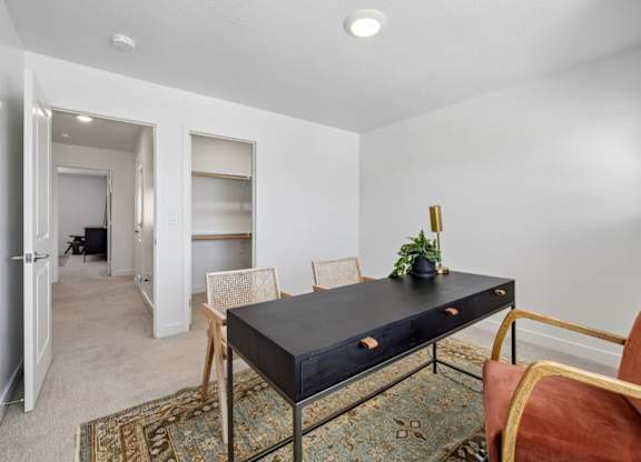 A black coffee table with a gold frame and a plant on it.