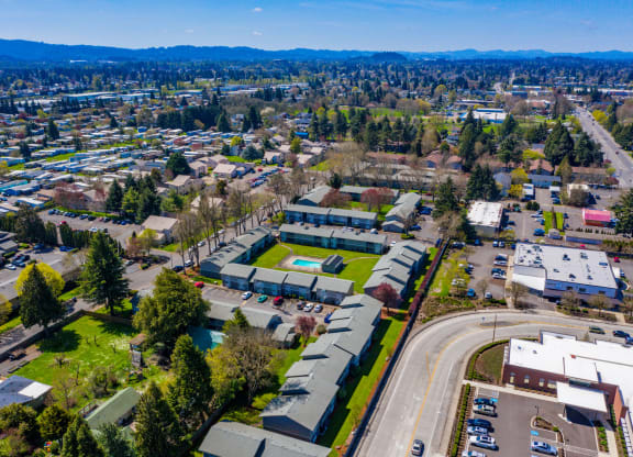 arial view of a neighborhood with houses and trees