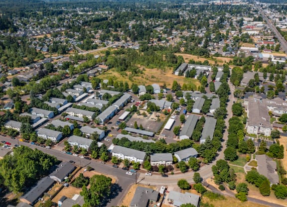 an aerial view of a neighborhood with houses and trees