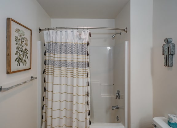a bathroom with a shower and a toilet