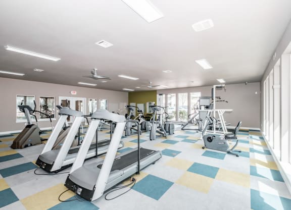 a large fitness room with treadmills and other exercise equipment