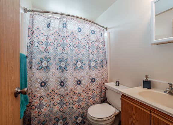 a bathroom with a white sink and toilet next to a shower with a blue and red shower