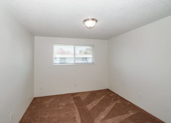 a bedroom with a window and a carpeted floor