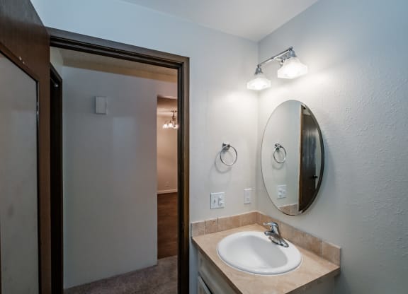 a bathroom with a sink and a mirror