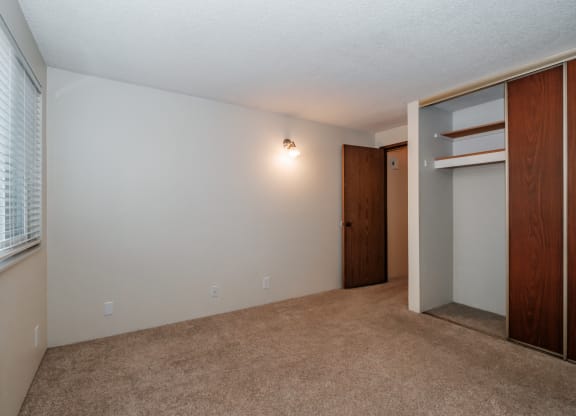 a bedroom with a closet and a window