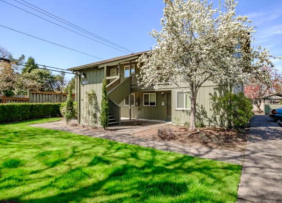 a green two story house with a tree in front of it