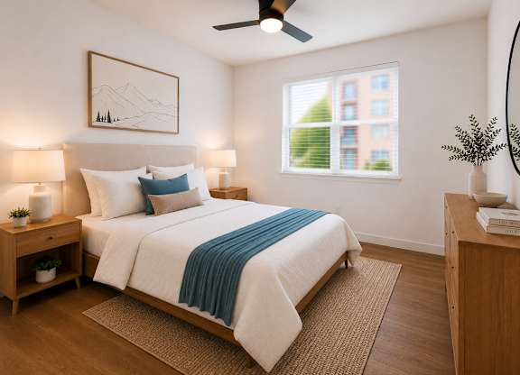 A bedroom with a bed, nightstands, and a ceiling fan.
