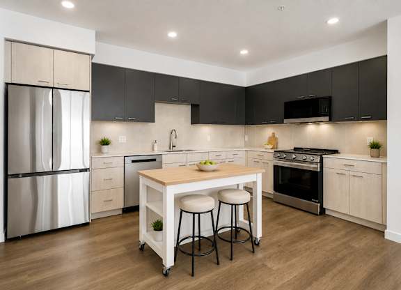 A modern kitchen with a stainless steel refrigerator, black cabinets, and a wooden island.