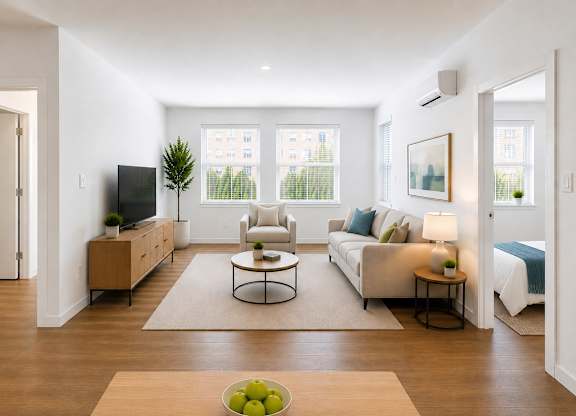 A living room with a white couch, a coffee table, and a television.
