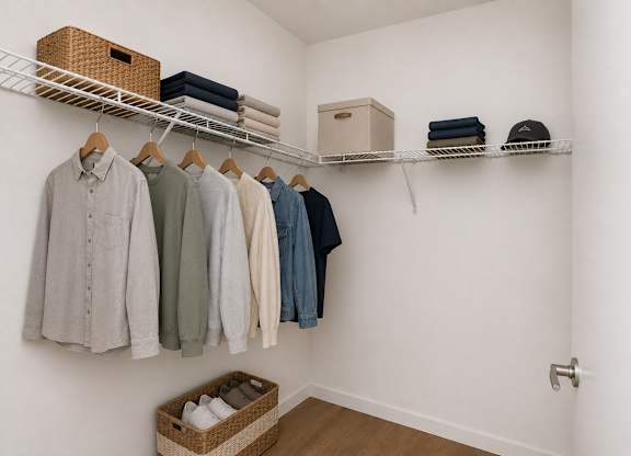 A white closet with clothes hanging and shelves with hats and towels.