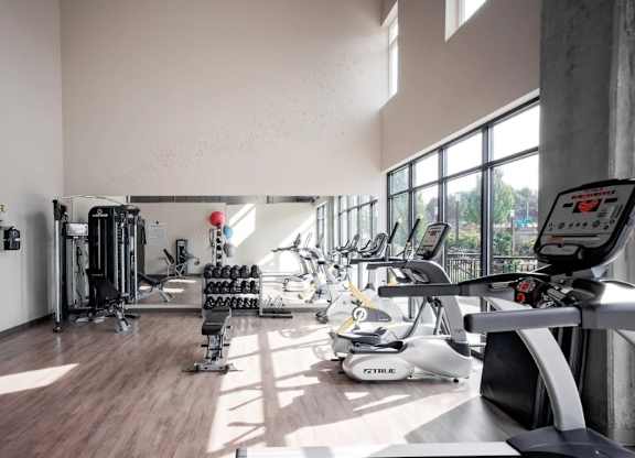 A gym with a variety of equipment including treadmills, weights, and exercise machines.