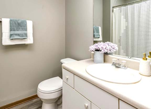 A white toilet sits next to a white sink in a bathroom.